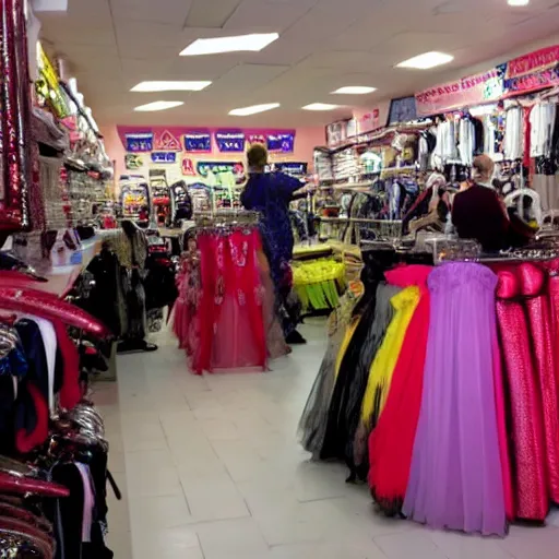 Prompt: fight in a fancy dress shop