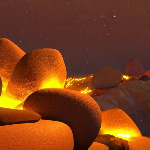 Prompt: a close up of some rocks with fire in the background, a digital rendering by goro fujita, zbrush central, space art, rendered in unreal engine, made of crystals, glowing lights