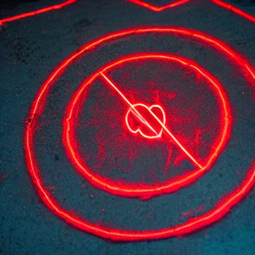 Prompt: the sigil glows red on a dark surface