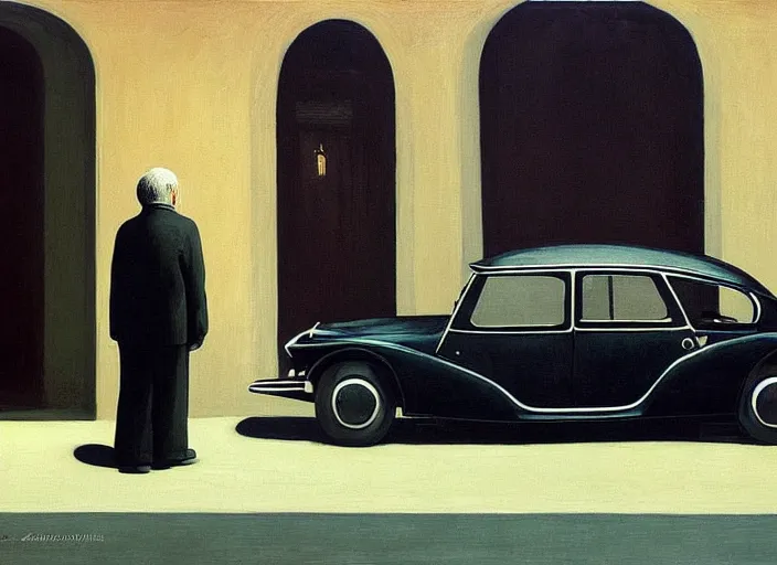 Image similar to aslouchy elegant old man with a black balloon stands at citroen ds 1 9 in grim rome, highly detailed, soft lighting, elegant, by edward hopper and james gilleard, zdzislaw beksinski, steven outram, highly detailed