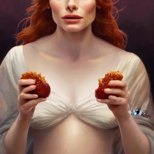 Prompt: portrait of Bryce Dallas Howard , extra onions and ketchup, luscious patty with sesame seeds, feminine ethereal, handsome, D&D, fantasy, intricate, elegant, highly detailed, digital painting, artstation, concept art, matte, sharp focus, illustration, art by Artgerm and Greg Rutkowski and Alphonse Mucha