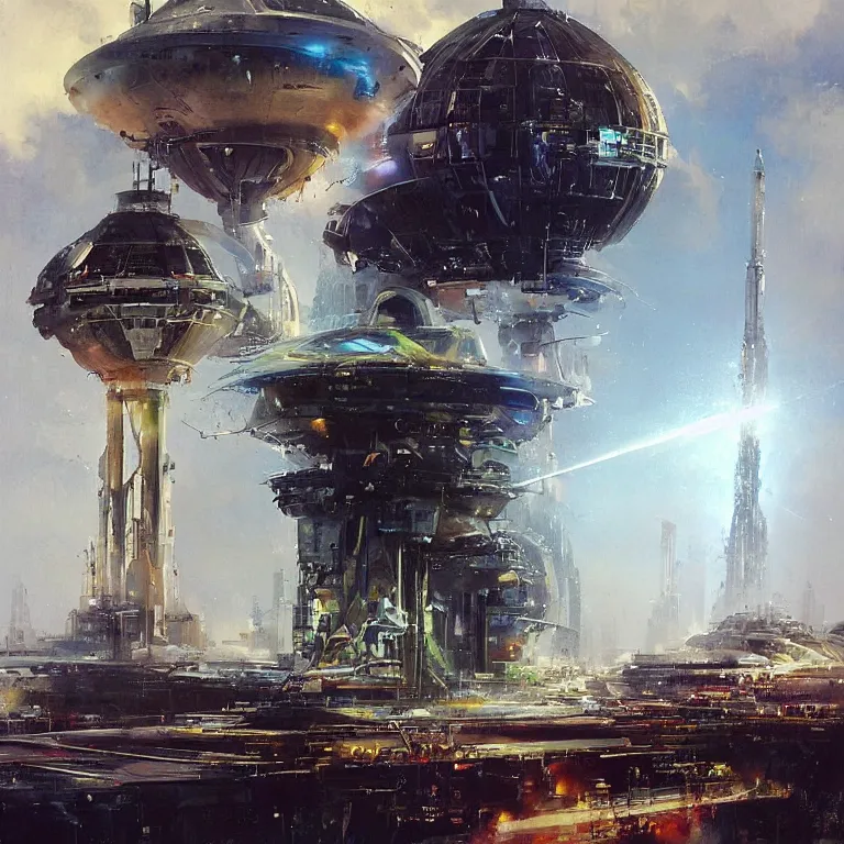 Prompt: “a giant spaceship crashing into a large futuristic water tower, sci-fi concept art, by John Harris, by John Berkey, hyper realistic painting”