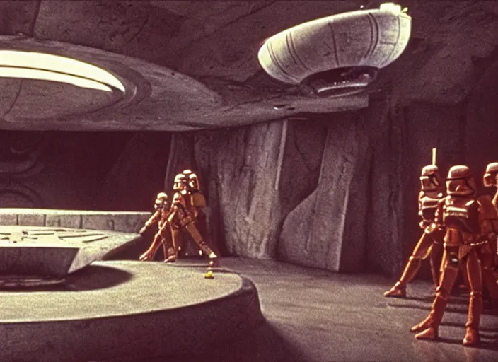 Prompt: screenshot from the lost star wars film 1970s directed by Alajandro Jodorowsky, bizarre set design with extreme detail, moody cinematography, with anamorphic lenses, crisp, detailed, 4k image