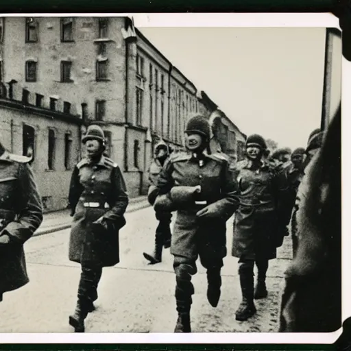 Prompt: polaroid photo of soviet soldiers entering berlin during ww 2