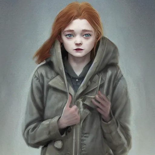 Image similar to a highly detailed epic cinematic concept art CG render digital painting artwork costume design: Sadie Sink, pixie cut, in a used 1950s man's coat and hoodie. muted grey colors with tiny yellow accents. By Greg Rutkowski, Ilya Kuvshinov, WLOP, Stanley Artgerm Lau, Ruan Jia and Fenghua Zhong, trending on ArtStation, made in Maya, Blender and Photoshop, octane render, excellent composition, cinematic atmosphere, dynamic dramatic cinematic lighting, aesthetic, very inspirational, arthouse