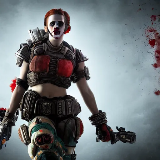 Image similar to emma watson as a clown in gears of war, splash art, movie still, cinematic lighting, ray tracing, detailed clown face, octane render, long lens, shallow depth of field, bokeh, anamorphic lens flare, 8 k, hyper detailed, 3 5 mm film grain