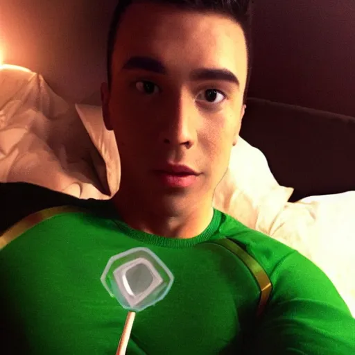 Image similar to handsome Green Ranger dating profile pic, Tommy, Power Rangers, Grindr, instagram, influencer, thirst pic, soft filter, candlelight, boudoir photography,