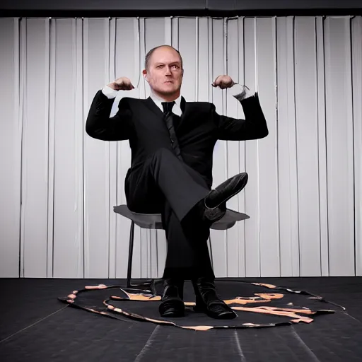 Prompt: Paul Keyman wearing a black suit and necktie and black shoes sitting on the floor of a wrestling ring highly detailed 8k