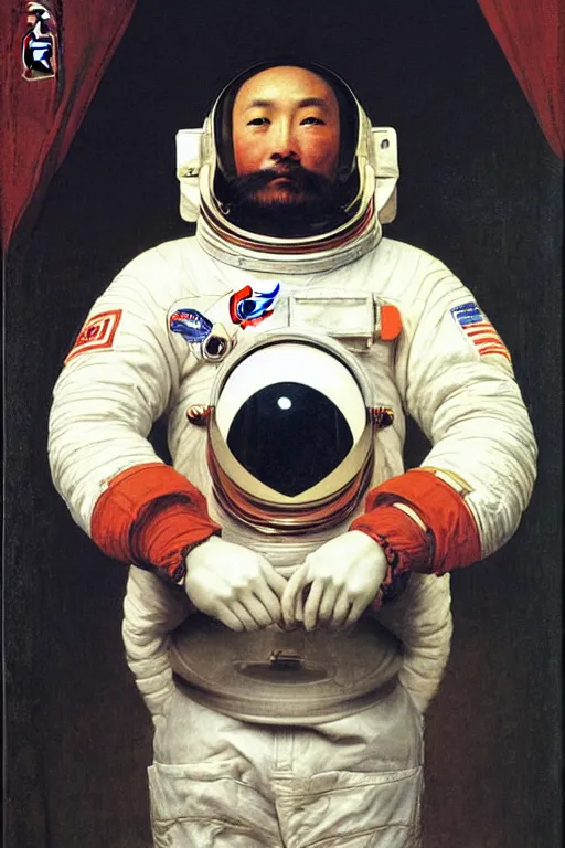 Prompt: portrait of a astronaut in astronaut helmets, chinese meticulous painting, by bouguereau