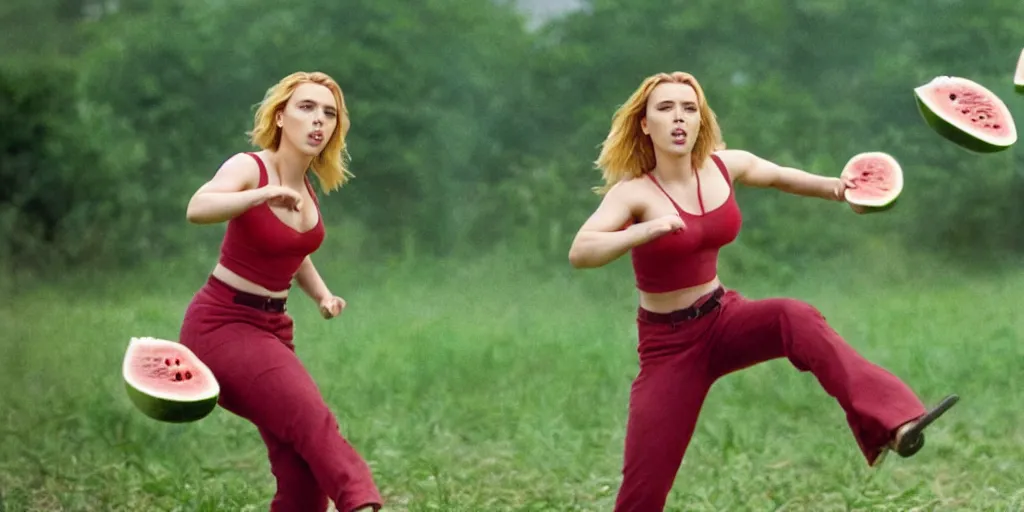 Image similar to scarlett johansson roundhouse kicking and smashing a watermelon, film still, highly detailed, film grain, behind the scenes, photorealism