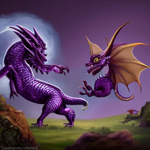 Image similar to purple dragon tames a gnome, fantasy illustration