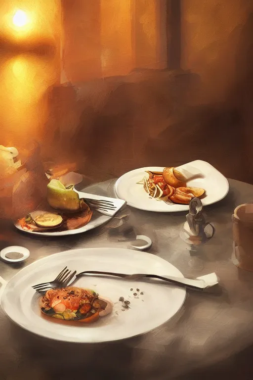 Image similar to food laying on a plate in a restaurant, intricate, elegant, volumetric lighting, still life, scenery, digital painting, highly detailed, artstation, sharp focus, illustration, concept art,ruan jia, steve mccurry
