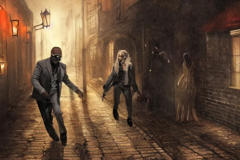 Prompt: stevie wonder as jack the ripper, chasing a blonde haired woman in a dimly lit alley way, surrounded by ghosts, dark, horror, british, hyper realistic, 8 k, ethereal details, high resolution, cinematic lighting