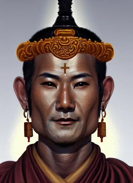 Image similar to smart tai buddhist monk, closeup portrait, without beard and mustache, historical hero, ethnic group, tai costume, tai traditional bronze headdress, intricate, with leather armor cross on bare chest, elegant, loin cloth, highly detailed, oil painting, artstation, concept art, matte, sharp focus, illustration, hearthstone, art by earl norem