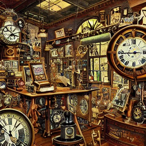 Image similar to interior of a steampunk clock shop, father time tinkering, old grandfather clocks everywhere, realistic, very intricate hyper detailed collage on paper