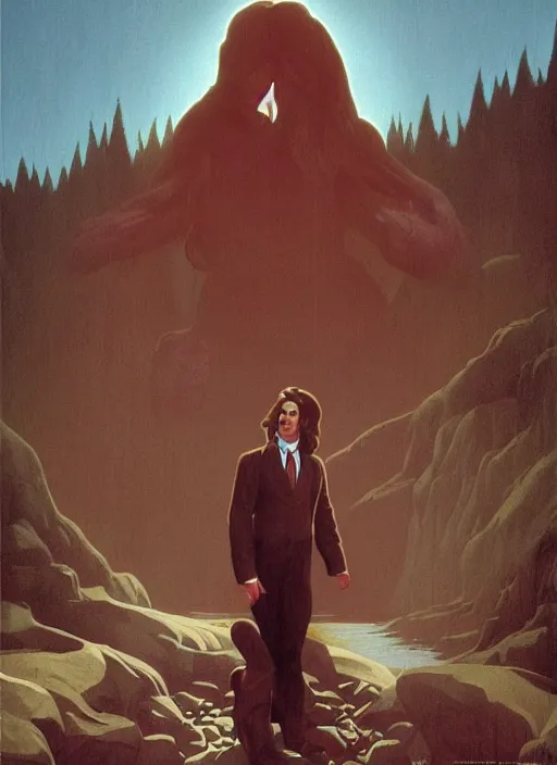 Image similar to twin peaks poster art, by michael whelan, rossetti bouguereau, artgerm, retro, nostalgic, old fashioned, 1 9 8 0 s teen horror novel cover, book, dale cooper, kyle mclaughlin, ryan gosling in letting jacket being eaten by the wendigo