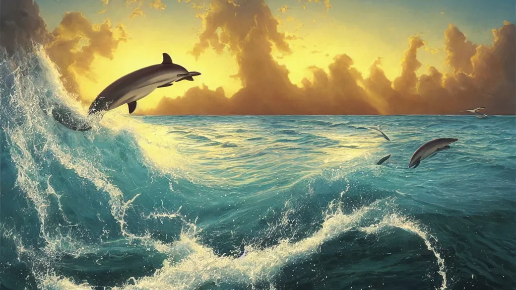 Image similar to first person view of breaking waves on the shore, summer, clear beautiful sky, bright sky, dolphins 🐬 jumping and playing near the shore, peaceful, amazing, by andreas rocha and john howe, and Martin Johnson Heade, featured on artstation, featured on behance, golden ratio, ultrawide angle, f32, well composed