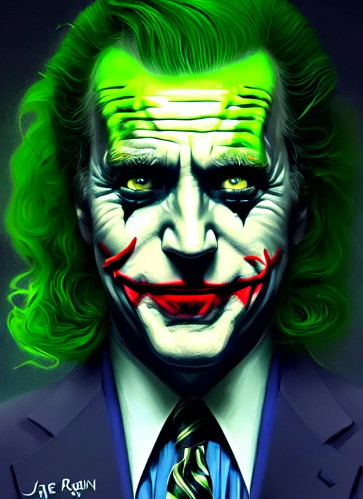 Image similar to portrait of joe biden as the joker, green hair, intricate, elegant, glowing lights, highly detailed, digital painting, artstation, concept art, sharp focus, illustration, art by wlop, mars ravelo and greg rutkowski