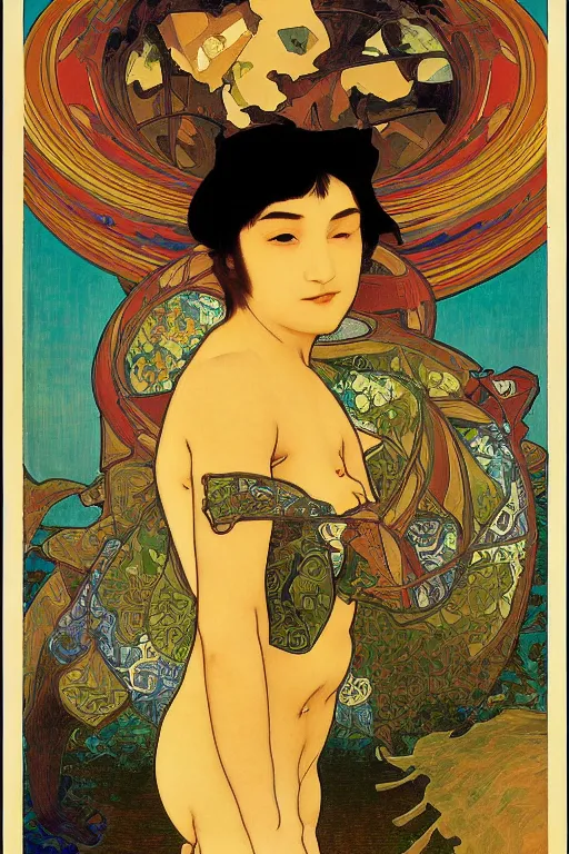 Image similar to The lonely stoner seems to free his mind at night, by Tadanori Yokoo, Alphonse Mucha, Hannah Hoch