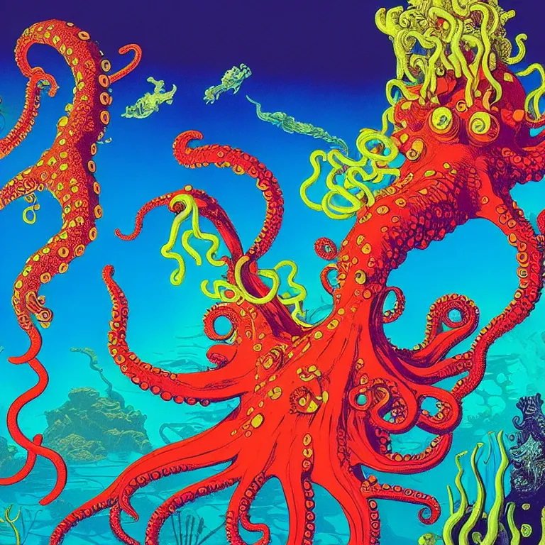 Prompt: volcanoes under the sea, octopus gripping submarine, bright neon colors, highly detailed, high resolution, cinematic, eyvind earle, tim white, philippe druillet, roger dean, lisa frank, aubrey beardsley, hiroo isono, ernst haeckel