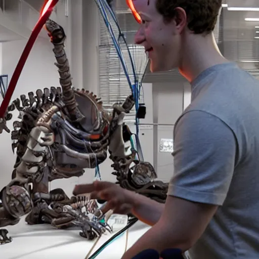 Prompt: animatronic Mark Zuckerberg, exposed mechanics, photo, Stan Winston studios, detailed, 4k