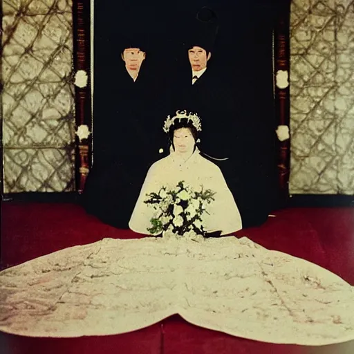 Prompt: A wide full shot, colored black and White Russian and Japanese mix historical fantasy a photograph portrait taken of inside a royal wedding shrine of the aisle, 1907 photo from the official wedding photographer for the royal wedding.