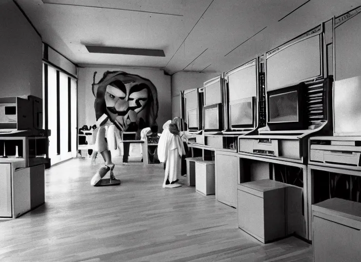 Prompt: realistic photo of the people wearing wooden masks, white fluffy cotton shorts, polished and fancy, standing in the wooden room full of wooden computers. displays are shiny, michelangelo antonioni film move still 1 9 9 0, life magazine reportage photo