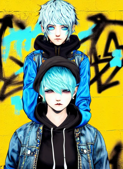 Image similar to highly detailed portrait of a city punk lady student, blue eyes, hoodie, white hair by akihiko yoshida, gradient yellow, black, brown and cyan blue color scheme, grunge aesthetic!!! ( ( graffiti tag wall background ) )