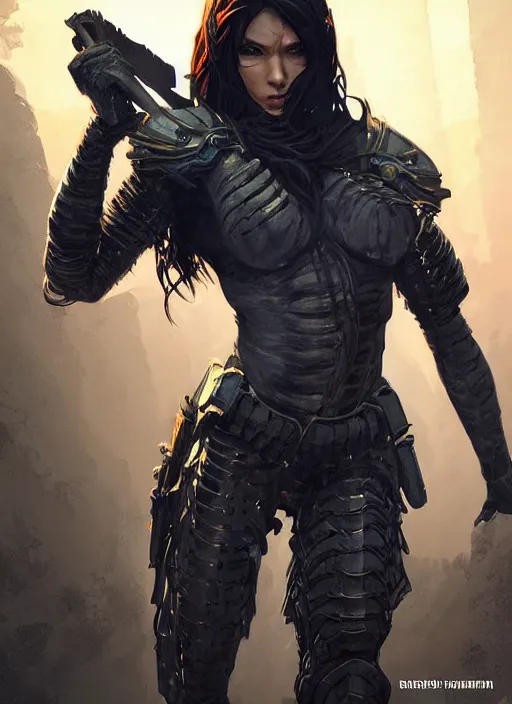 Prompt: poster!! beautiful new female character for 7 days to die, character concept art, action pose, illustration, full body armor, steel plating, huge weapon, super powers, athletic, symmetry, intricate design, shiny, highly detailed, hd, dramatic lighting, art by artgerm and greg rutkowski