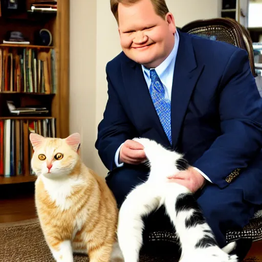 Image similar to Andy Richter wearing a blue dress shirt necktie navy dress pants sitting in a chair petting a calico cat