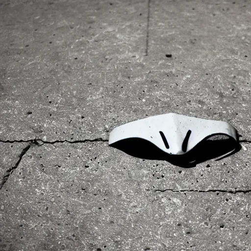 Prompt: a closeup photograph of a creepy, simple and sharp comedy mask with deep black eye sockets lying on a concrete floor in an abandoned building