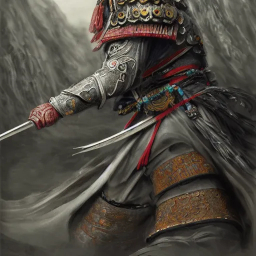 Image similar to dynamic composition, motion, ultra-detailed, incredibly detailed, a lot of details, amazing fine details and brush strokes, colorful and grayish palette, smooth, HD semirealistic anime CG concept art digital painting, watercolor oil painting of a Tang Ming dynasty chinese tao fantasy general wearing armor, from Three Kingdoms, by a Chinese artist at ArtStation, by Huang Guangjian, Fenghua Zhong, Ruan Jia, Xin Jin and Wei Chang. Realistic artwork of a Chinese videogame, gradients, gentle an harmonic grayish colors.