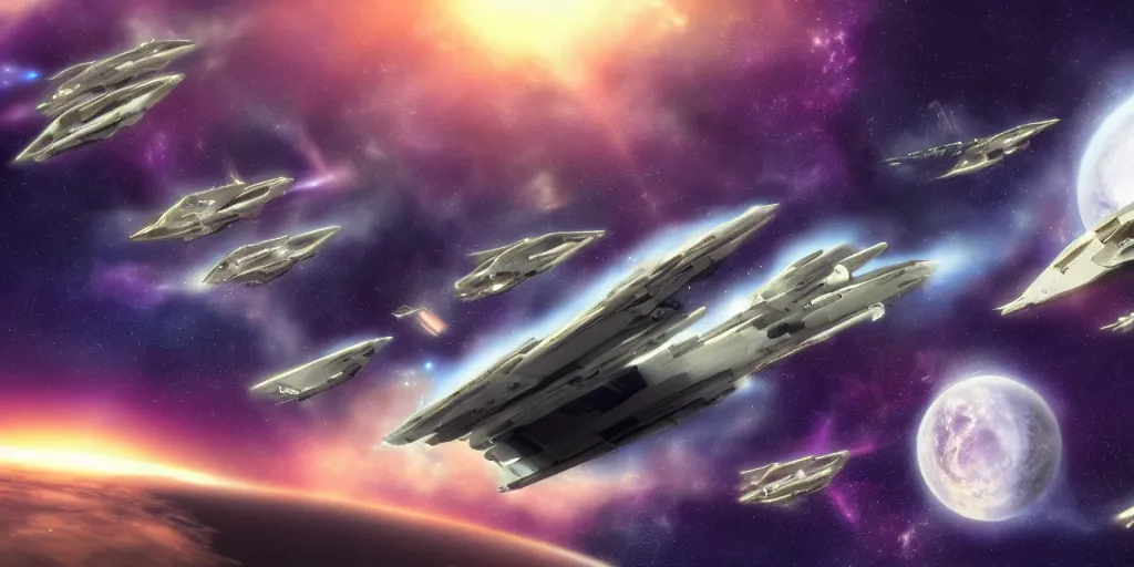 Prompt: epic wallpaper of a fleet of uniform capital starships in the upper atmosphere of a planet
