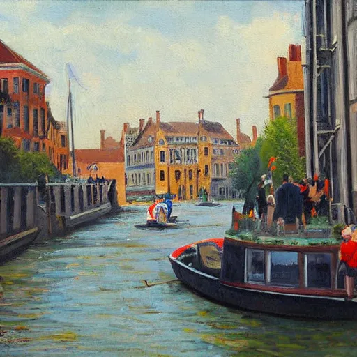 Prompt: street opening for boat on the canal, mattle painting