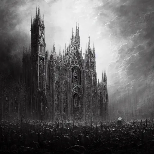 Prompt: Dark art, grungy gothic, hyperdetailed, artstation, trending on cgsociety, ultra high quality, golden ratio, intricate artwork masterpiece, black and white, by greg rutkowski, by Gustave Dore, 8k, High contrast -C 10 -n 5