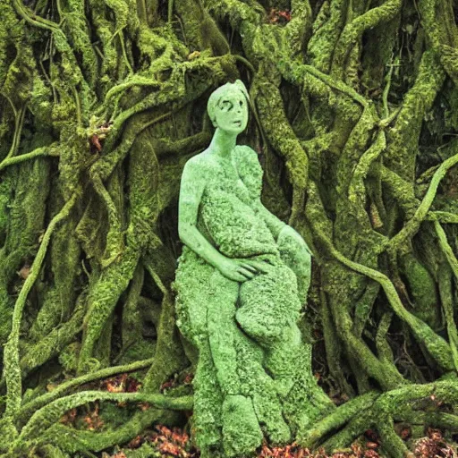 Prompt: A stone statue of a woman covered in vines and moss, hidden in the forest, absurdist art, trees