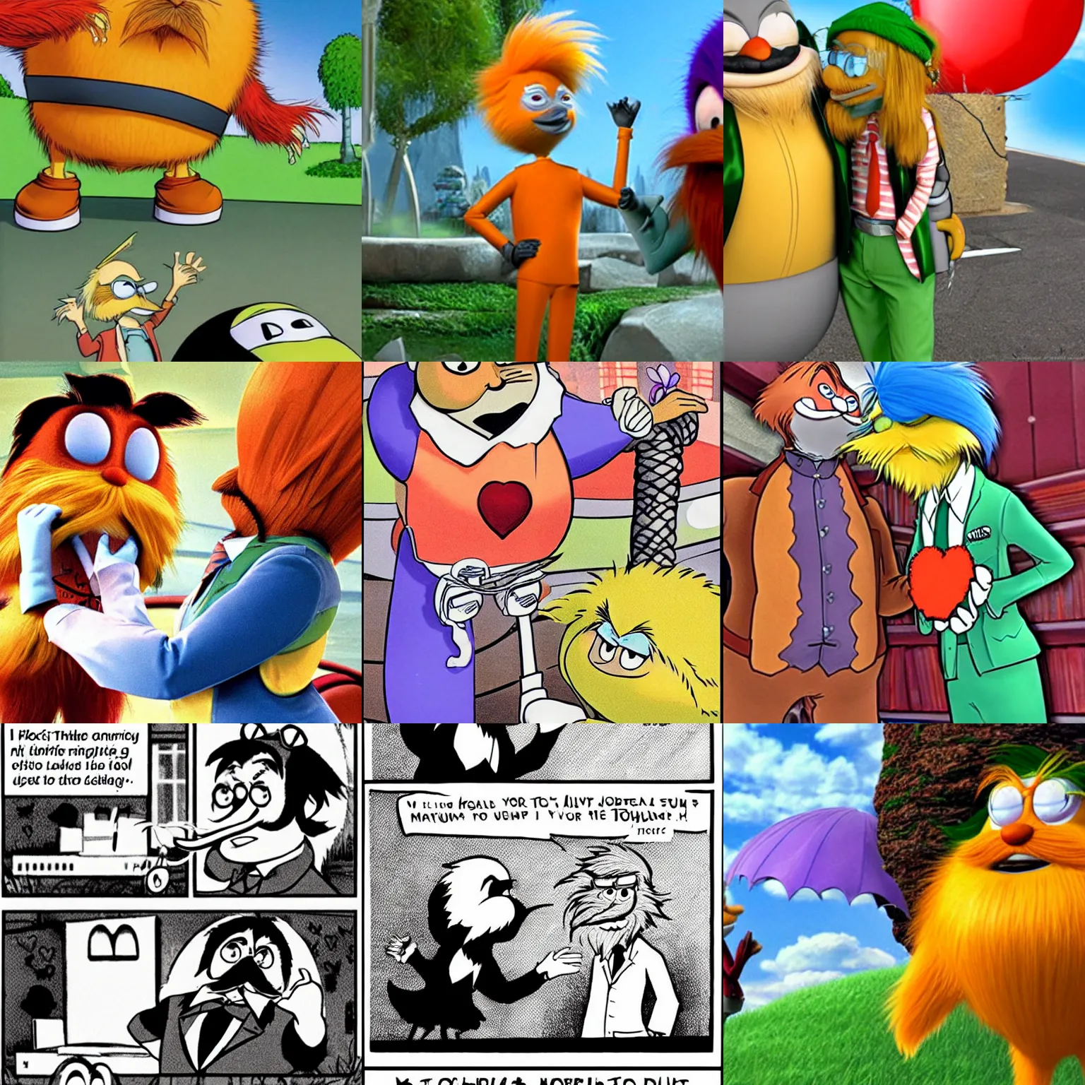 Prompt: the lorax confesses his love for doctor robotnik.