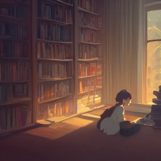 Prompt: inside an empty book store, lush, studio ghibli, sylvain sarrailh, cinematic light, majestic, concept art, volumetric lighting, magic atmospheric, 8 k, wide angle, epic composition, award winning, artstation