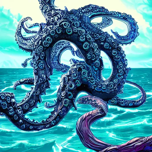 Image similar to kraken arm rising out of the ocean, d & d style, trending on artstation, colorful, intricate, art by kev chan