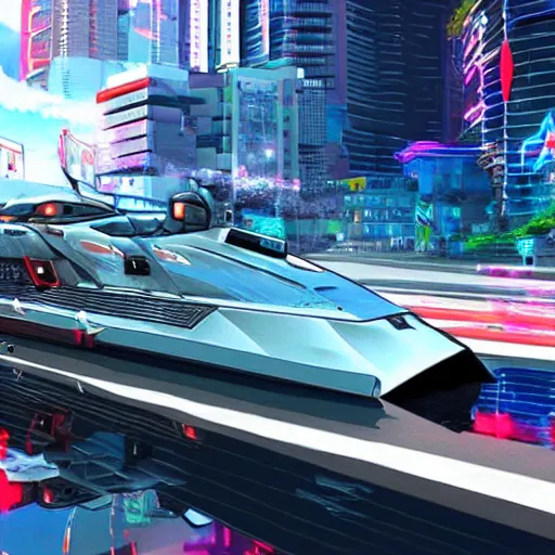 Prompt: Anime Cyberpunk Speedboat going Full speed