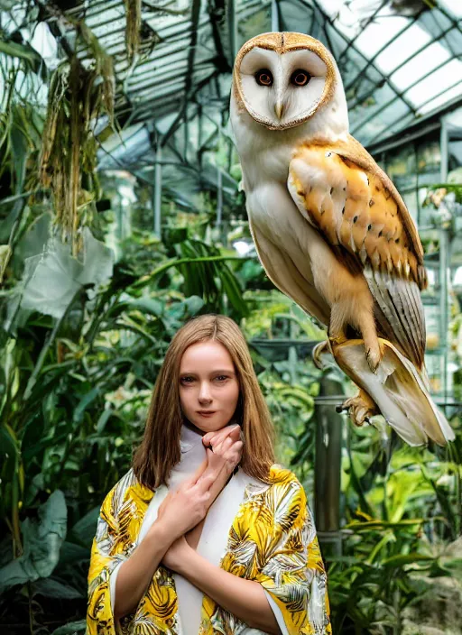 Prompt: portrait photograph of beautiful!!!! young female model, symmetric face!!, symmetric eyes!!, slight smile!, natural light, wearing a yellow kimono with a very detailed barn owl!! on her shoulder!!! in a tropical greenhouse. looking at the camera!!. super resolution. Extremely detailed. Graflex camera!, bokeh!!.