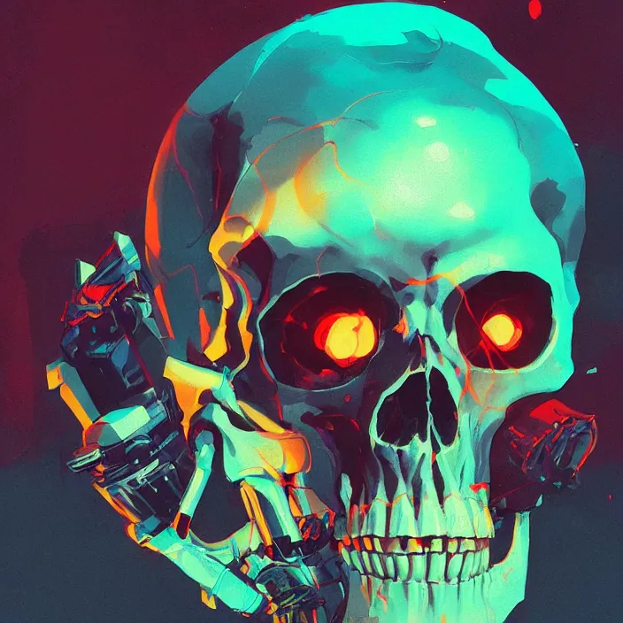 Image similar to a colorful comic noir illustration painting of a cyberpunk skull by sachin teng, sergey kolesov, greg rutkowski, simon stalenhag. in style of digital art. hyper detailed, sharp focus, soft light. octane render. ray tracing. trending on artstation