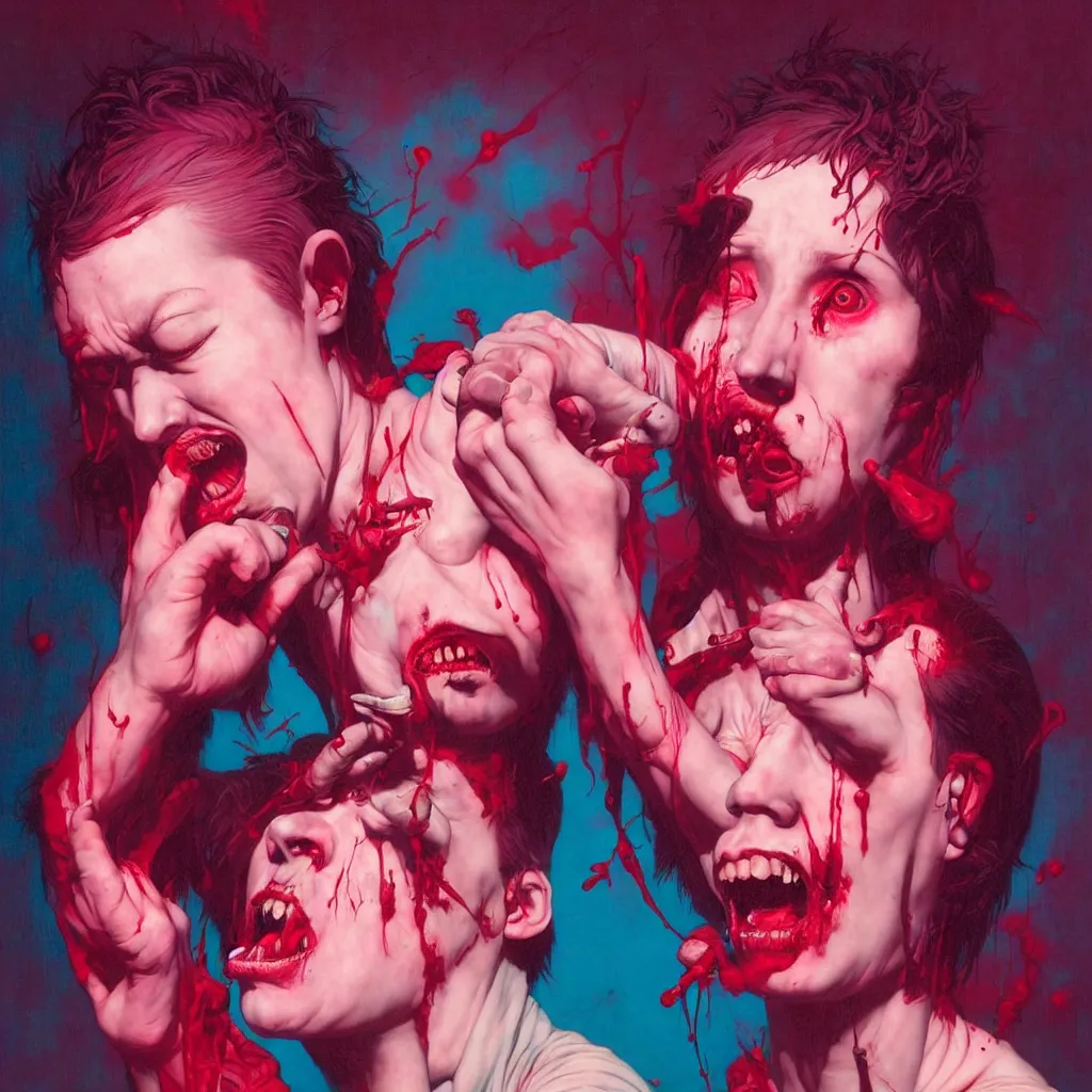 Image similar to weird and disturbing portrait of punk singer singing and puking blood, vivid colors, death, neon, art by ( ( ( kuvshinov ilya ) ) ) and wayne barlowe and francis bacon and artgerm and wlop and william - adolphe bouguereau