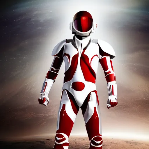 Image similar to portrait of a tall athletic muscular infantry man in glossy sleek white armor with tiny red details and a long red cape, heroic posture, on the surface of mars, night time, dramatic lighting, cinematic, sci-fi, hyperrealistic, movie still