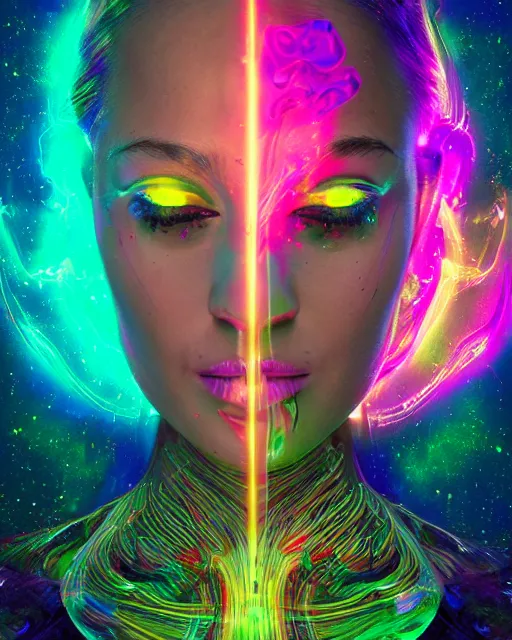 Image similar to a powerful energy psychedelic woman, by alexander fedosav, hyper detailed digital matte painting, concept art, hyperrealism, 1 6 k resolution, cinema 4 d, 8 k resolution, trending on artstation, behance hd, a masterpiece, by stephan martiniere, particles, cel - shaded, power bright neon energy, by david a. hardy,