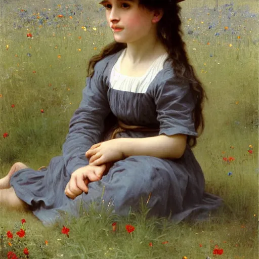 Prompt: a little girl with short wavy light brown hair and blue eyes sitting in a field of wildflowers. beautiful painting by bouguereau.