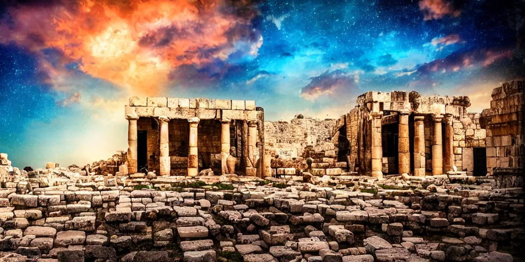 Image similar to A beautiful small fox in the huge ruins of the second temple in Jerusalem :: Dreamy sky :: The third temple hovers quietly in the sky above :: Very colorful painting 8k trending on art station :: Intricate details, very realistic, cinematic lighting, volumetric lighting, photographic blur bokeh defocus dof sky