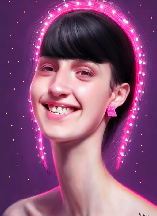 Image similar to portrait of teenage girl, realistic, black hair, bangs, half updo hairstyle, pointy nose, skinny, smile, ugly, defined jawline, big chin, pink hair bow, earrings, intricate, elegant, glowing lights, highly detailed, digital painting, artstation, sharp focus, illustration, art by wlop, mars ravelo and greg rutkowski