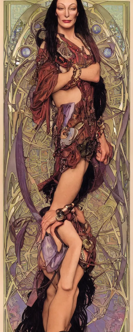 Image similar to striking sensual colorful art nouveau style portrait of anjelica huston as an industrial leatherpunk rebel commander by glenn fabry, simon bisley and alphonse mucha, photorealism, extremely hyperdetailed, perfect symmetrical facial features, perfect anatomy, ornate declotage, spikes, latex, excited expression, wild eyes