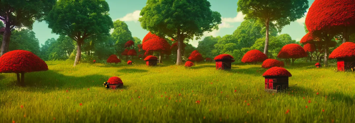 Image similar to stunning glowing dominant large highlighted crimson - black beehive, oversized cute bees in a beautiful forest meadow village landscape, flowers, happy trees, photorealistic, octane render, rtx, hdr, unreal engine, digital art widescreen 8 k, studio ghibli, pixar, disney, wlop